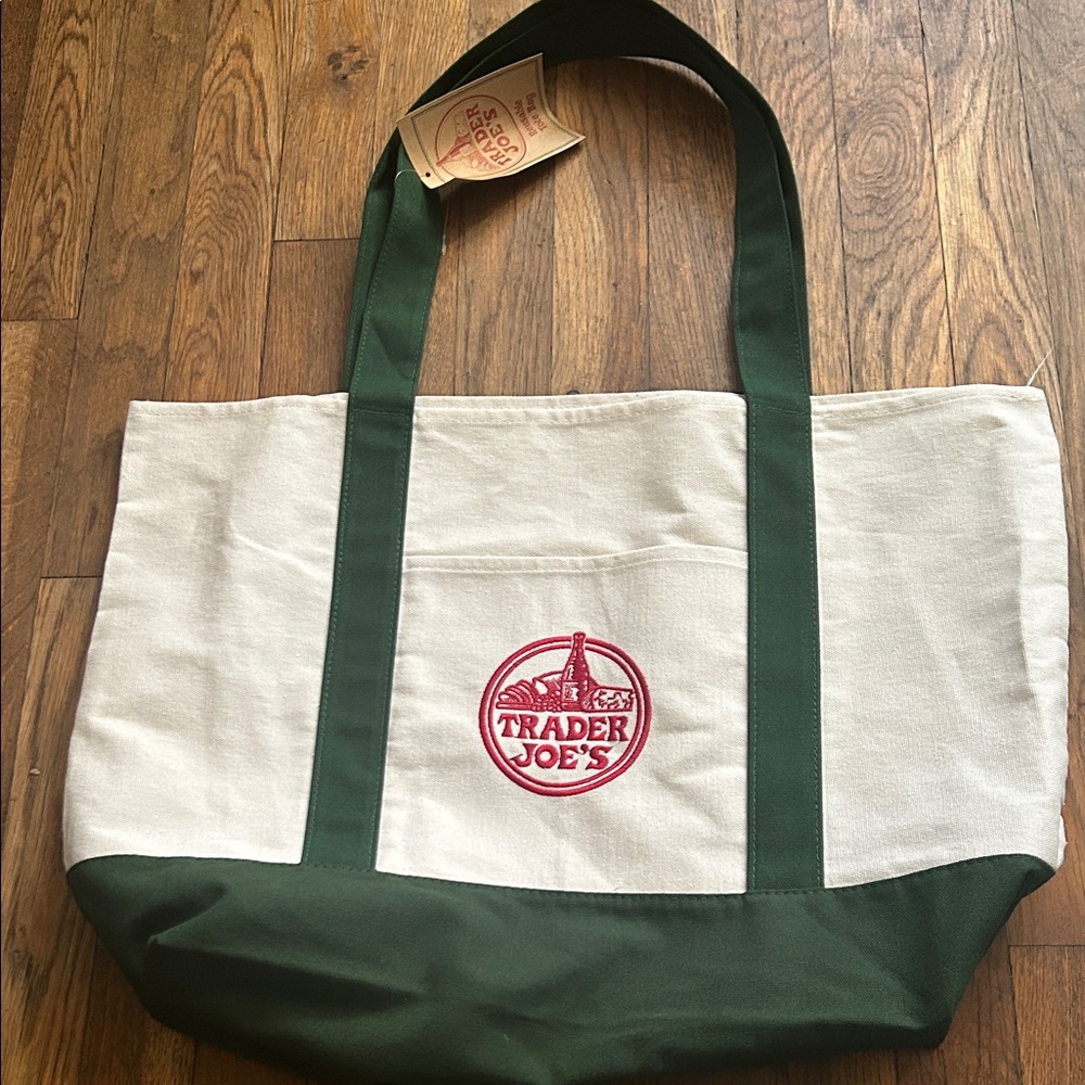 Trader Joe's Green and Cream Tote Bag